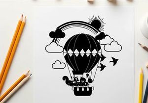 Hot air balloon silhouette with rainbow and clouds scene