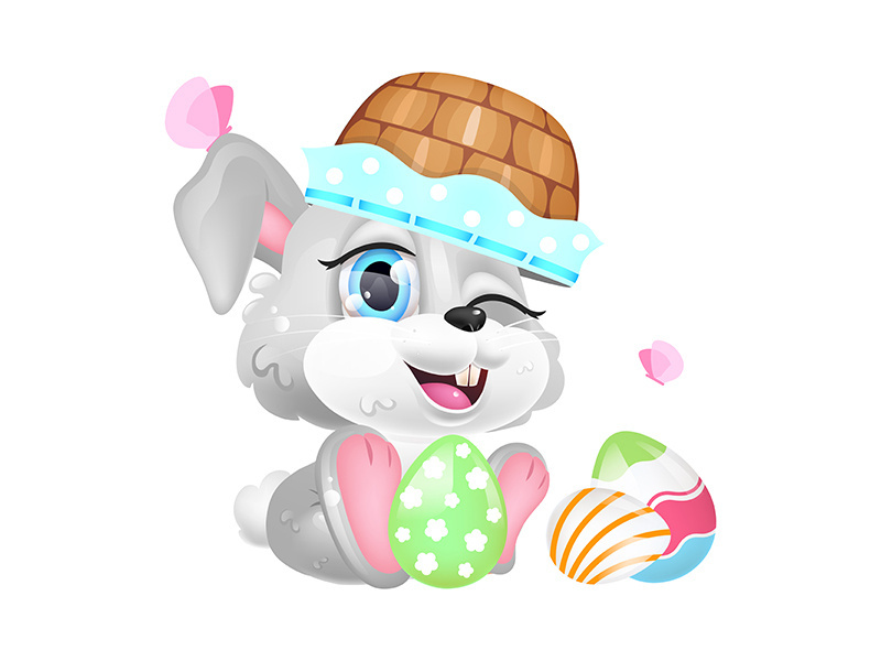 Cute Easter rabbit with basket on head kawaii cartoon vector character