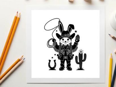 Western bunny silhouette with cowboy hat and cactus
