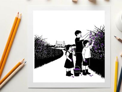 Children on a path with silhouette of boy picking flowers