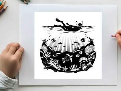 Silhouette of scuba diver exploring coral reef with marine life