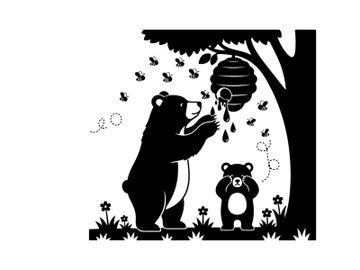Silhouette of bear and cub near beehive under tree preview picture