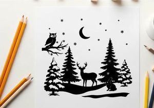 Winter forest silhouette with deer owl and rabbit under moonlight