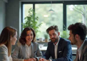 A diverse group of professionals sits around a table.