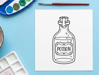 Hand-drawn potion bottle with cork stopper for magic spells. Vintage apothecary glass vial illustration for fantasy and alchemy designs.