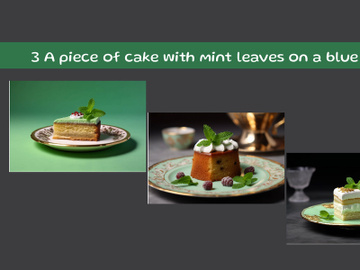 A piece of cake with mint leaves on a blue plate preview picture