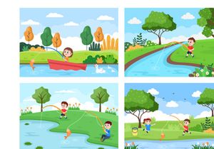 20 Children Fishing Fish Vector Illustration