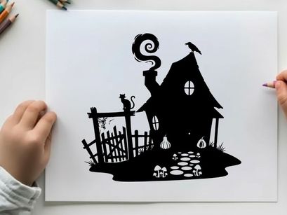 Spooky silhouette of haunted house with cat and raven
