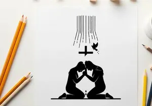 Silhouette of two people kneeling in prayer with cross silhouette