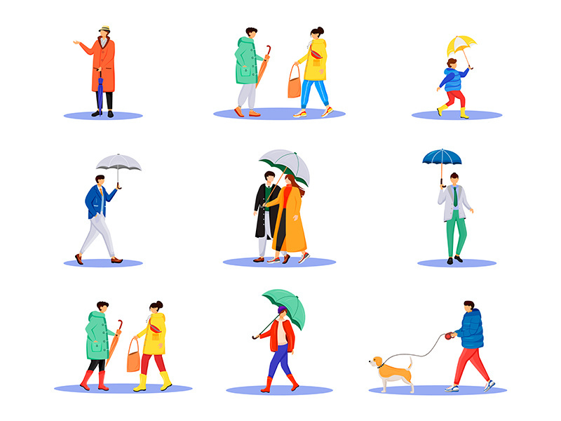 People with umbrellas flat color vector faceless characters set