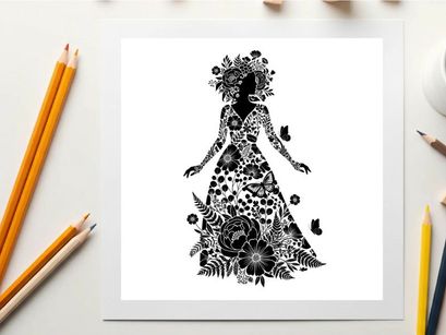 Silhouette of a woman in a floral dress with butterflies and flowers