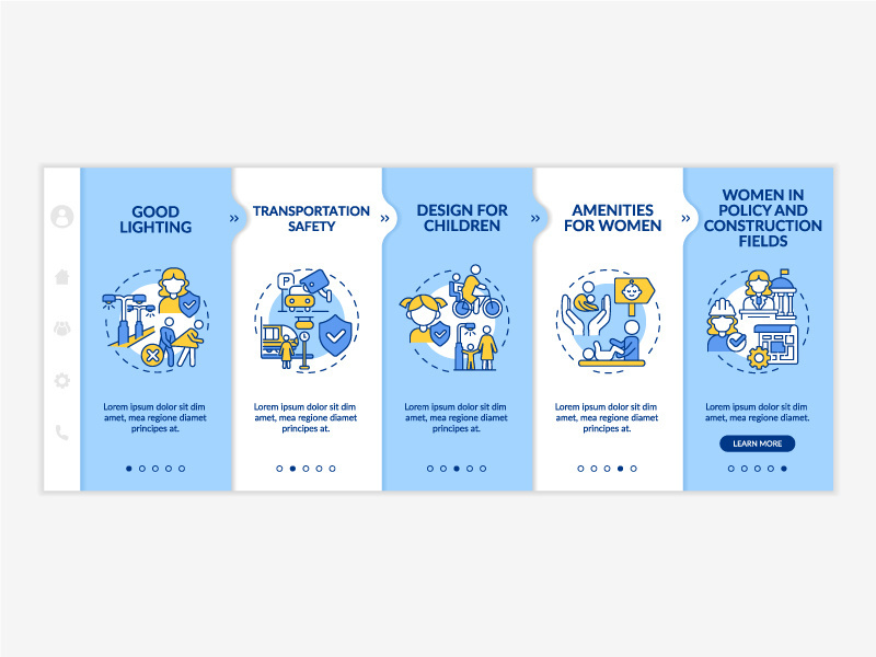 Comfortable city design for women and kids blue and white onboarding template
