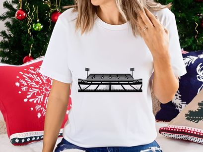 Black and white illustration of a sports stadium with floodlights and seating