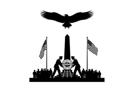 Silhouette of soldiers and eagle at memorial with american flags