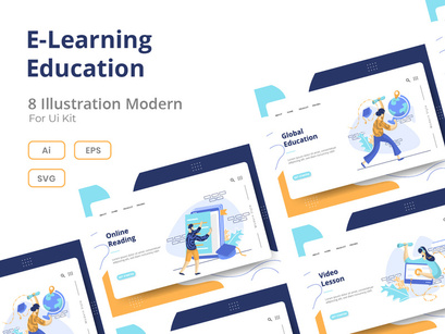 E-Learning Education set Illustration
