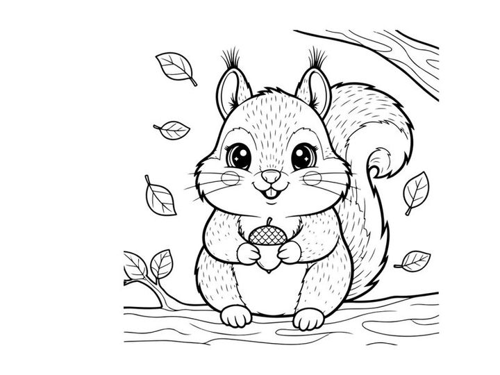 Cute squirrel holding acorn autumn leaves vector illustration