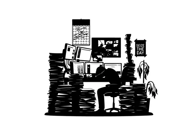 Silhouette of a person surrounded by stacks of paperwork silhouette