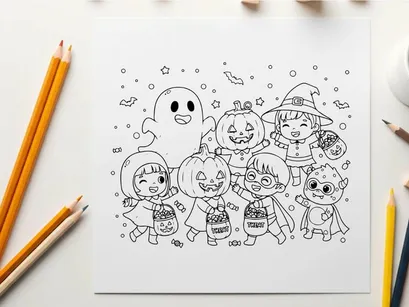 Halloween kids trick or treat group vector illustration flat design