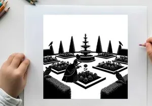 Silhouette of a woman in a garden with a fountain and trees silhouette