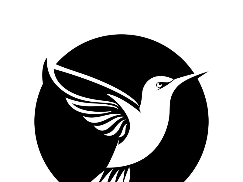 Black and white outline of a hummingbird.