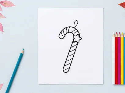 Hand-drawn candy cane with star and bow for festive Christmas holiday decoration