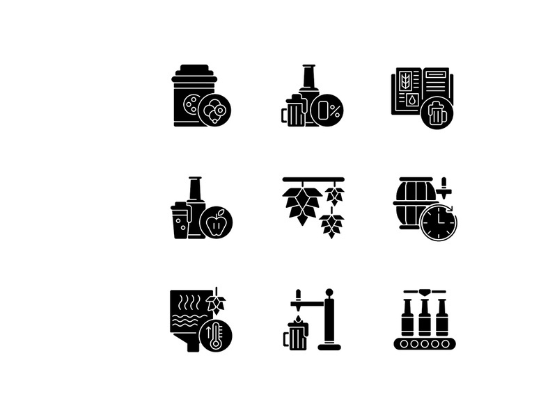 Brewing beer process black glyph icons set on white space