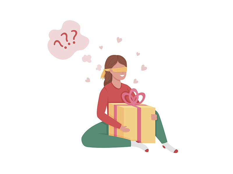 Young lady trying to guess gift box content semi flat color vector character