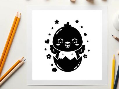 Kawaii silhouette of a chick hatching from an egg with stars and hearts