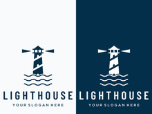 Sea lighthouse tower building creative logo with spotlights vintage vector template.