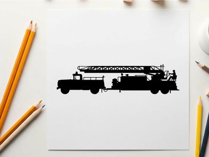 Silhouette of a large fire truck with ladder