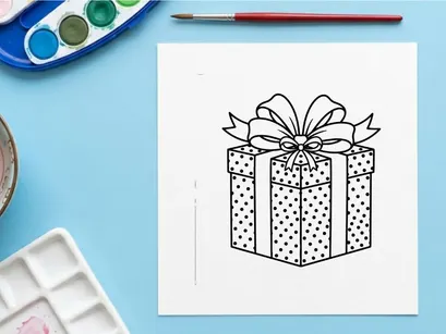 Ilustración de línea de caja de regalo navideña con patrón de lunares y moño