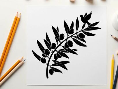 Olive branch silhouette with leaves and berries on white