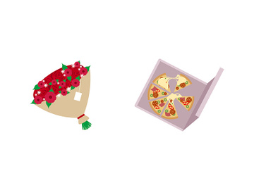 Pizza and roses flat color vector objects set preview picture