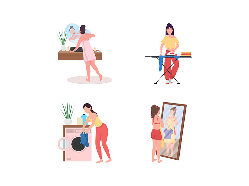 Daily home routine flat color vector faceless character set