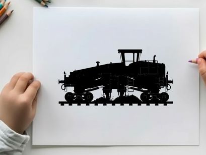 Silhouette of a large industrial train engine on railroad tracks