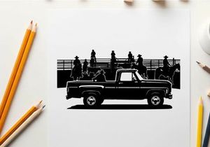Silhouette of a pickup truck parked near a fence with people and umbrellas