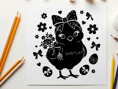 Silhouette of a cute chick with bow and flowers