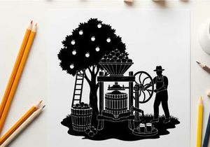 Vintage silhouette of a farmer operating an old fashioned fruit press