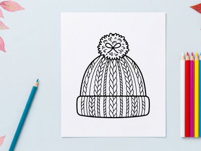 Topi rajut musim dingin dengan pom pom, pola kabel rajut tergambar tangan, diisolasi di latar belakang putih