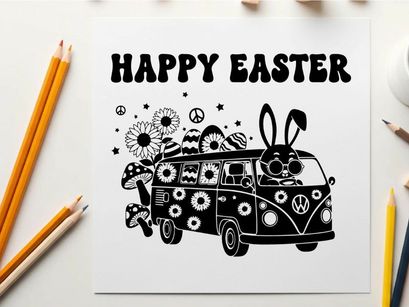 Easter bunny silhouette drives vw van with flowers peace signs