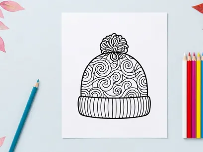 Winter beanie hat coloring page with swirl patterns and pompom for Christmas holiday craft