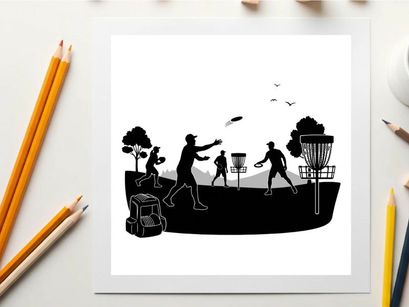 Silhouette of people playing disc golf in a park with trees and baskets