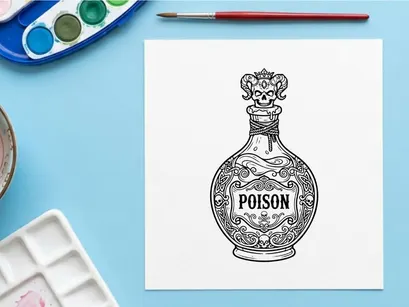 Poison bottle with skull stopper. Vintage gothic potion flask with occult design.