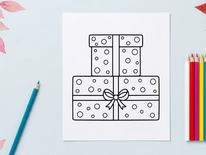 Tiga kotak hadiah Natal bertumpuk dengan motif polkadot dan pita dekoratif untuk perayaan hari raya