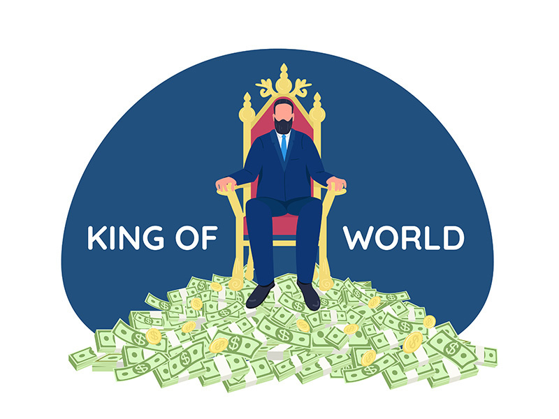 Successful businessman sitting on throne 2D vector web banner, poster