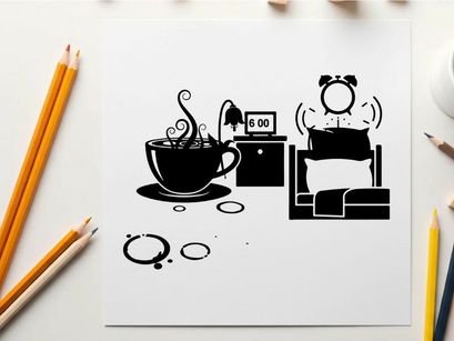 Silhouette of a cozy morning scene with coffee and bed