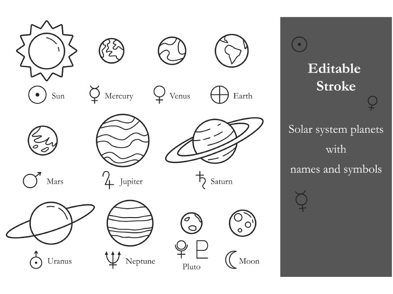 Solar System Planets and Symbols Line Icons Set