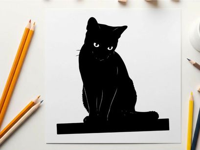 Black cat silhouette sitting on a platform looking forward