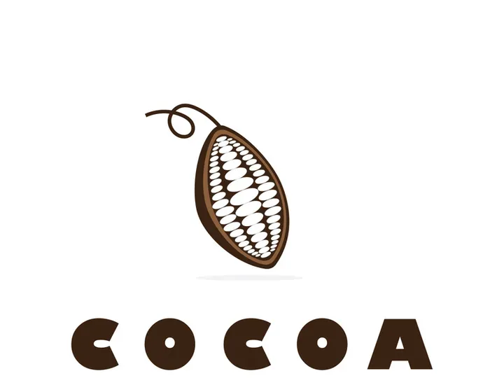 icono de logo de cacao, grano de cacao, árbol de cacao, ramas y hojas de cacao, mezcla de chocolate sobre fondo blanco, vintage, moderno, simple, diseño de plantilla de ilustración vectorial minimalista