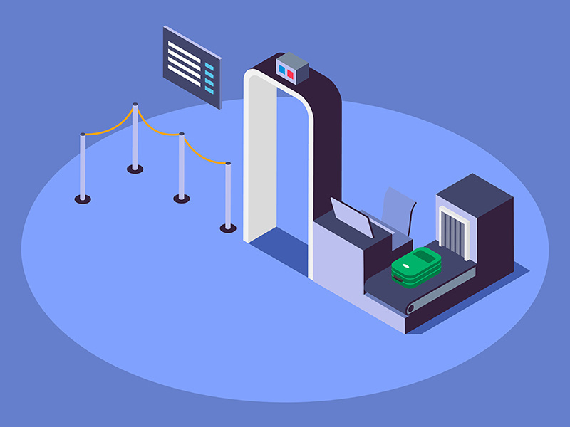 Airport security checkpoint isometric color vector illustration
